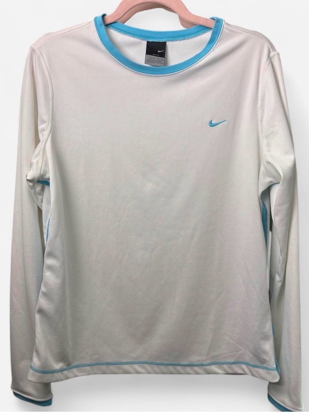 NIKE White Dri-FIT Mesh Long Sleeve Top with Aqua Blue Stripe Trim Large 10 12